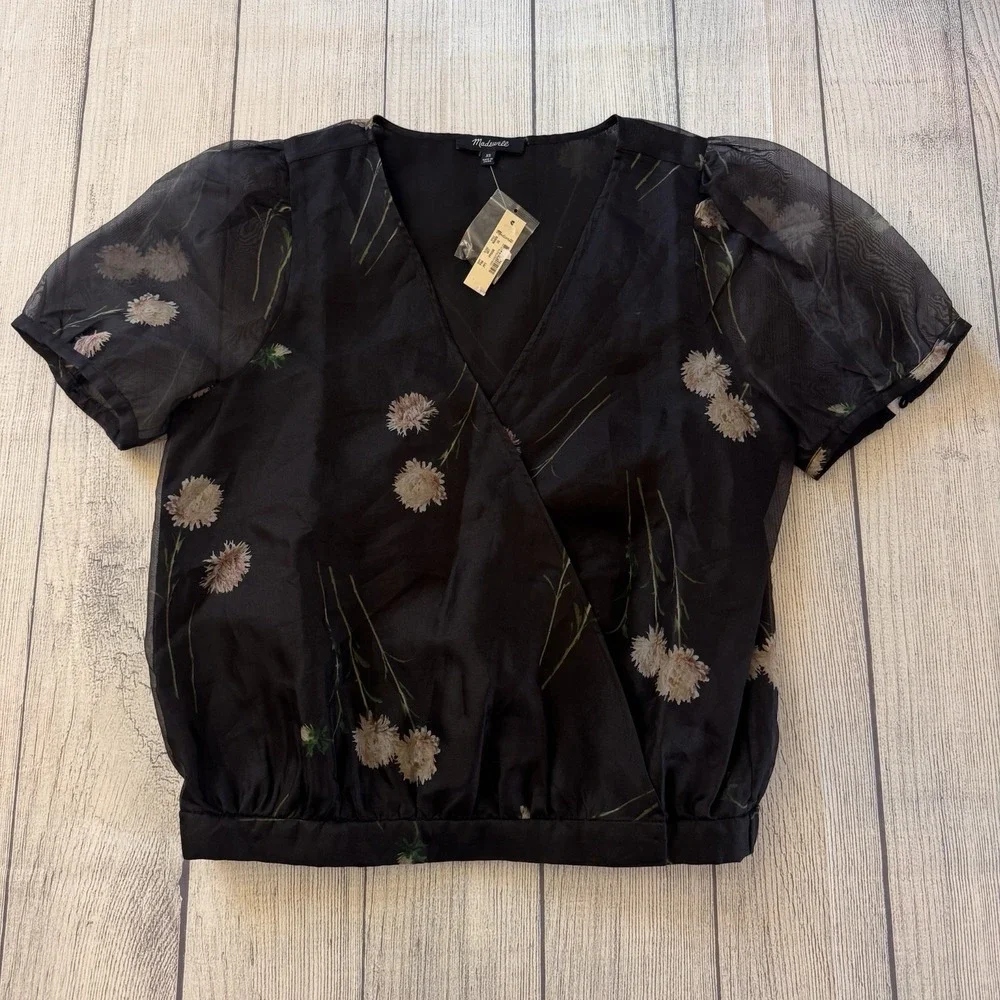 Madewell Silk Organza Puff-Sleeve Wrap Top Aster Portrait Black Women Size XS